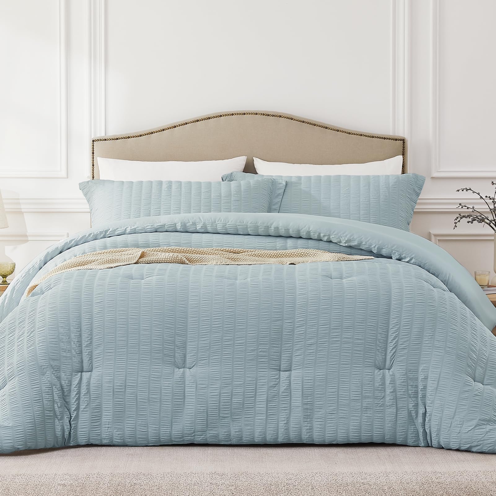 Quataly Full Size Comforter Set Mist Blue,3PCS Seersucker Lightweight Bedding Comforter for All Season, Full Size(82''×86'' Comforter & 2 Pillowcases) Image