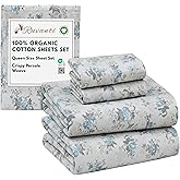 RUVANTI 100% Organic Cotton Sheets Queen Size, Percale Weave, GOTS Certified, 4-Piece Set, Deep Pocket 15", Crisp & Breathable, Soft Durable Bedding, Sábanas Algodón Orgánico – Blue Rose