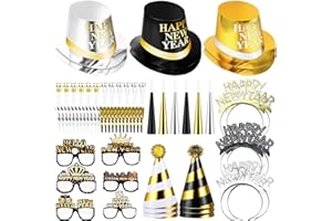 Junkin 66 Pcs New Years Eve Party Supplies 2026 Kit for 24 Guests Include Top Hats Cone Hats Glasses Headbands Blowing Dragon Trumpet Happy New Year Decorations Bulk Party Favors (Stylish Style)