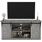 JUMMICO TV Stand for 65 Inch TV, Entertainment Center with Storage Cabinets and Sliding Barn Doors, Mid Century Modern Media TV Console Table for Living Room Bedroom (Pale Gray)