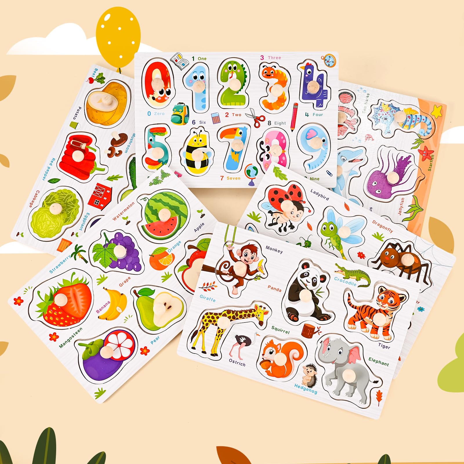 Wooderma Wooden Peg Puzzles for Toddlers 1-3, 6 PCS Puzzles for Kids, Montessori Toddler Numbers, Vegetables, Fruits, Insects, Sea and Animals Puzzles, Great Preschool Gifts for Girls and Boys