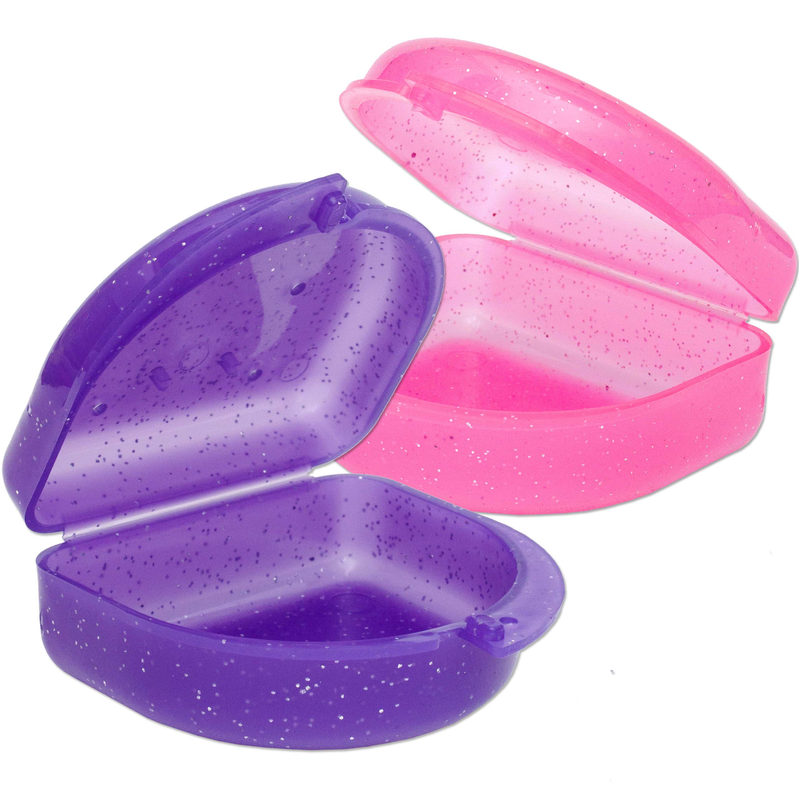 2 x Gum Shield Case - Mouthguard Box for Ortho Retainers, Sports Dental Appliances, Dentures & More (Glitter Pink & Glitter Purple)