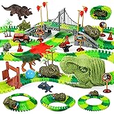 LCIMG Dinosaur Track Race Car Toys - Birthday Toys Gifts for 3 4 5 6 7 Year Old Boys Girls - Flexible Dinosaur Track Car Set with Light - Create a Dinosaur Adventure World