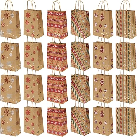 Elcoho 24 Pieces Christmas Paper Bags Holiday Kraft Bag Shopping