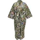 CRAFT KALA Women's Long Robes Kimono Robe with Colorful Crown Printed Pink Kimono Nightgown