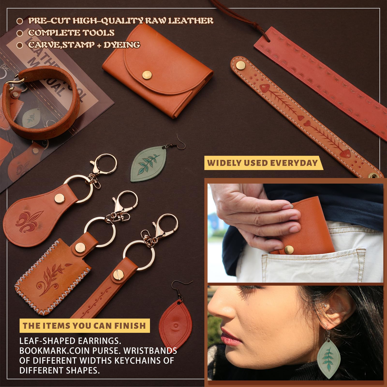 Leather Crafting Kit: Leather Working Tools and Supplies for DIY Craft Beginners Stamping Dyeing Carving Sewing Edge Sealing with Video Tutorials for Earrings Wallet Keychain Wristband Bookmark