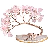 Rockcloud Handmade 3-4'' Crystal Money Tree with Agate Slice Base Tumbled Stones Feng Shui Bonsai Home Office Decor for Luck and Wealth, Rose Quartz