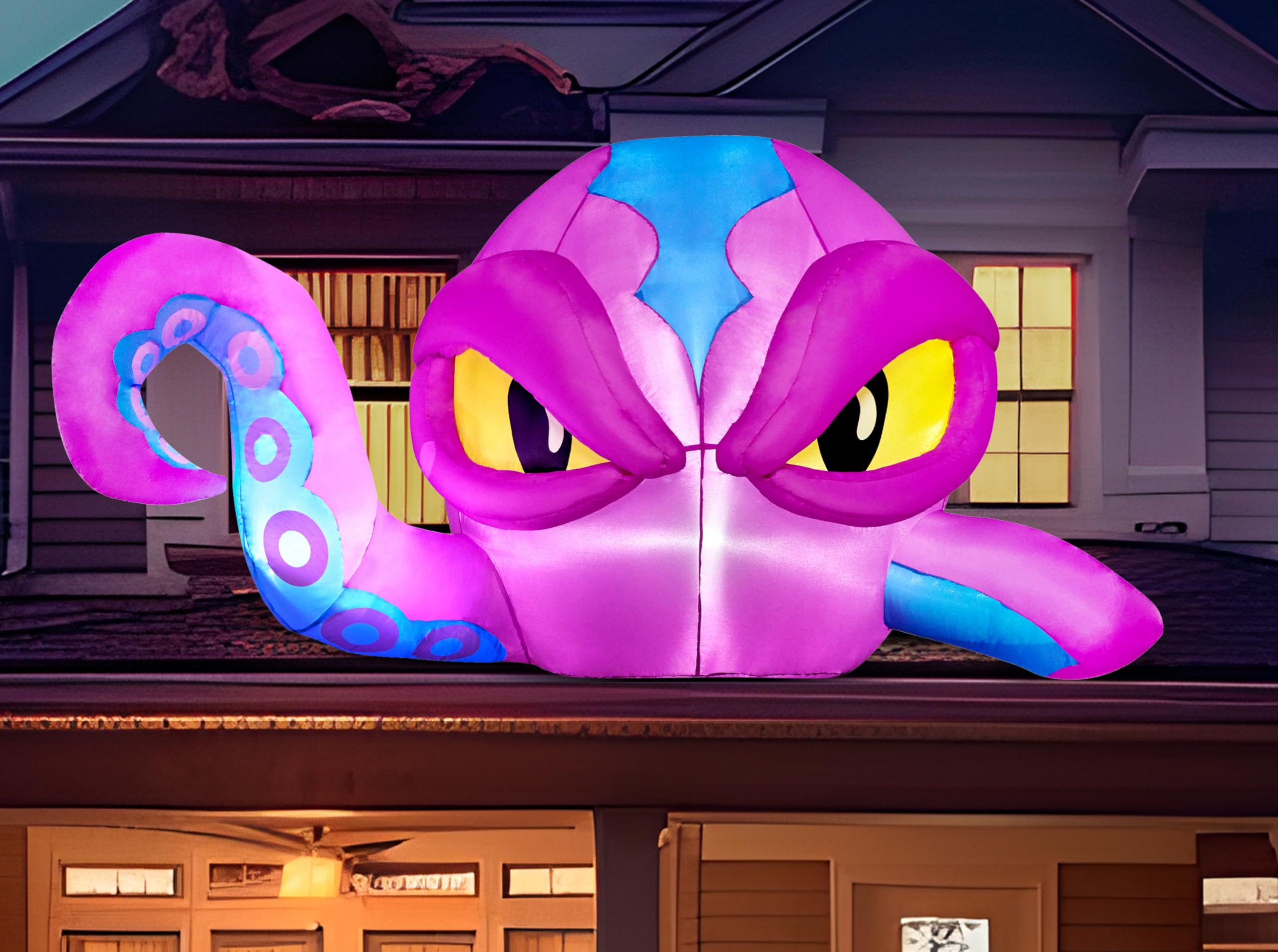 Photo 1 of Joiedomi 4 FT Tall Halloween Inflatable Purple Octopus Head with Tentacles Broke Out from Window with Built-in LEDs Blow Up for Halloween Window Decor, Outdoor Yard Garden Lawn Party Decoration