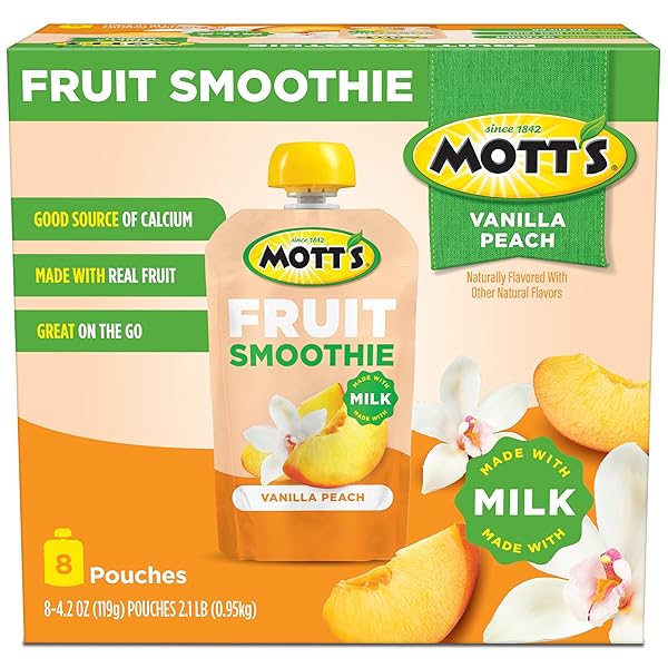 MOTT’S FRUIT SMOOTHIES VANILLA PEACH, 4.2 OZ CLEAR POUCHES, 8 PACK, MADE WITH MILK, MADE WITH REAL FRUIT, GOOD SOURCE OF CALCIUM, ON-THE-GO