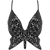Mocure Womens Glitter Sequin Butterfly Crop Top Low-Cut Tank Top Rave Tube Vest Top for Belly Dance Costume Outfits