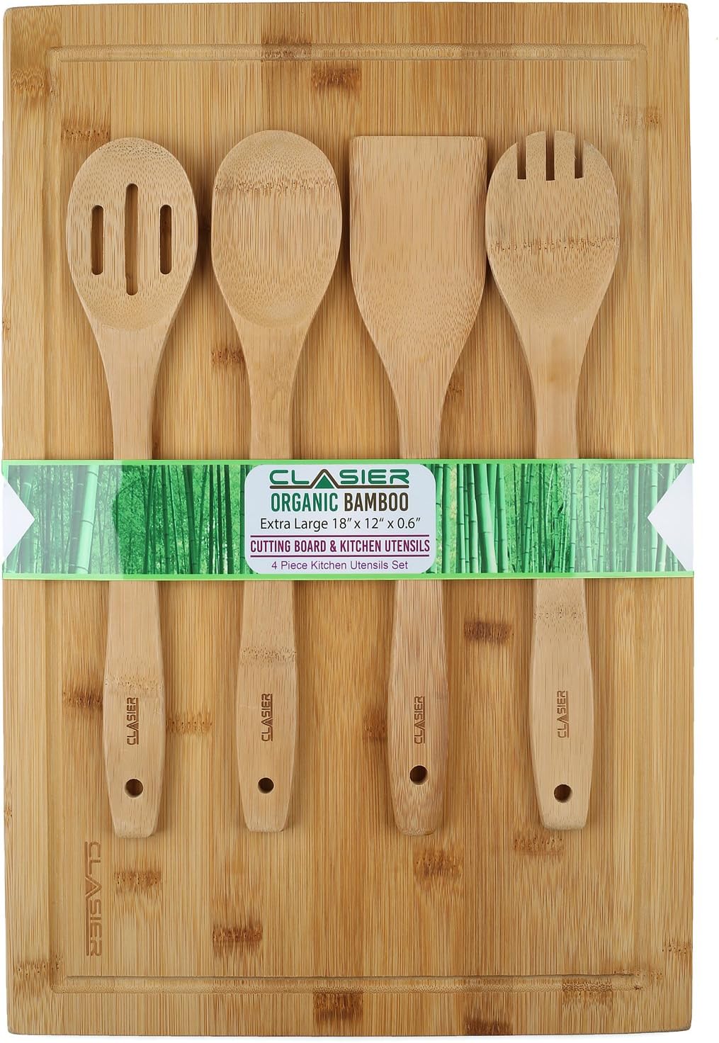 Bamboo Cutting Board Extra-Large 12" x 18" And Four Piece Utensils Set With Juice Tray Groove - Organic Perfect Solid Wood Eco And Knife -Friendly- Best Kitchen Chef Bread-Chopping Board: By Clasier