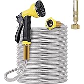FOXEASE Metal Garden Hose 75FT - Stainless Steel Heavy Duty Water Hose with Metal Nozzle & 8 Function Sprayer, Portable & Lightweight Kink Free Yard Hose, Outdoor Hose