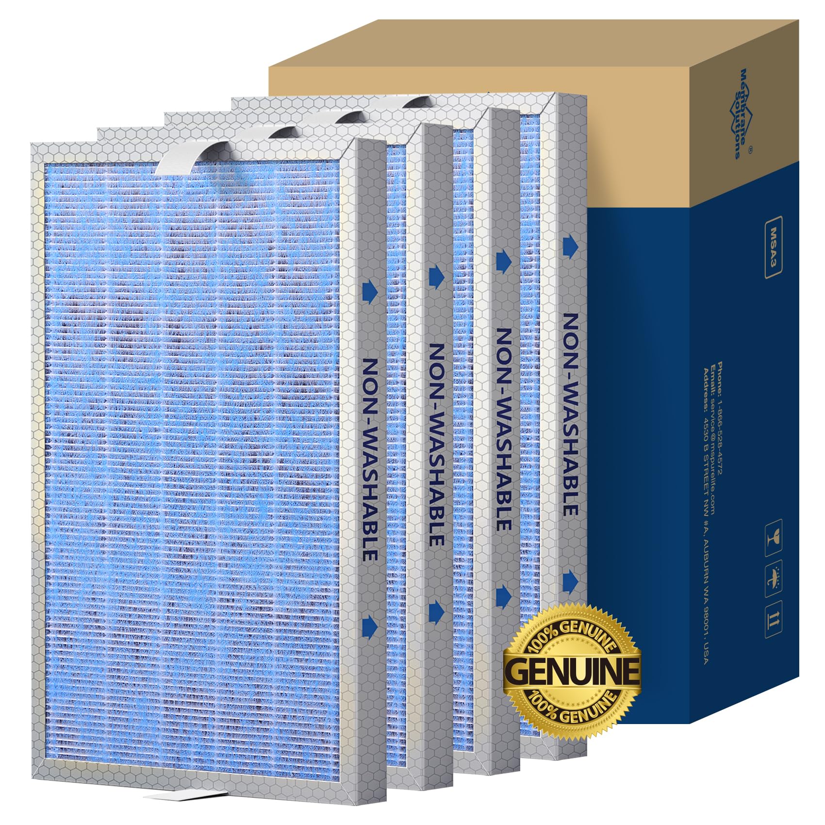 Genuine Membrane Solutions MSA3/MSA3S Original Air Purifier Filter Replacement, Upgraded 3-in-1 H13 True HEPA Filter with OdallerPure Technology, 4 Pack