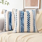 decorUhome Boho Decorative Throw Pillow Covers 18x18 Set of 2, Striped Chenille Tufted Pillow Covers with Tassels for Couch Bed Sofa, Sky Blue