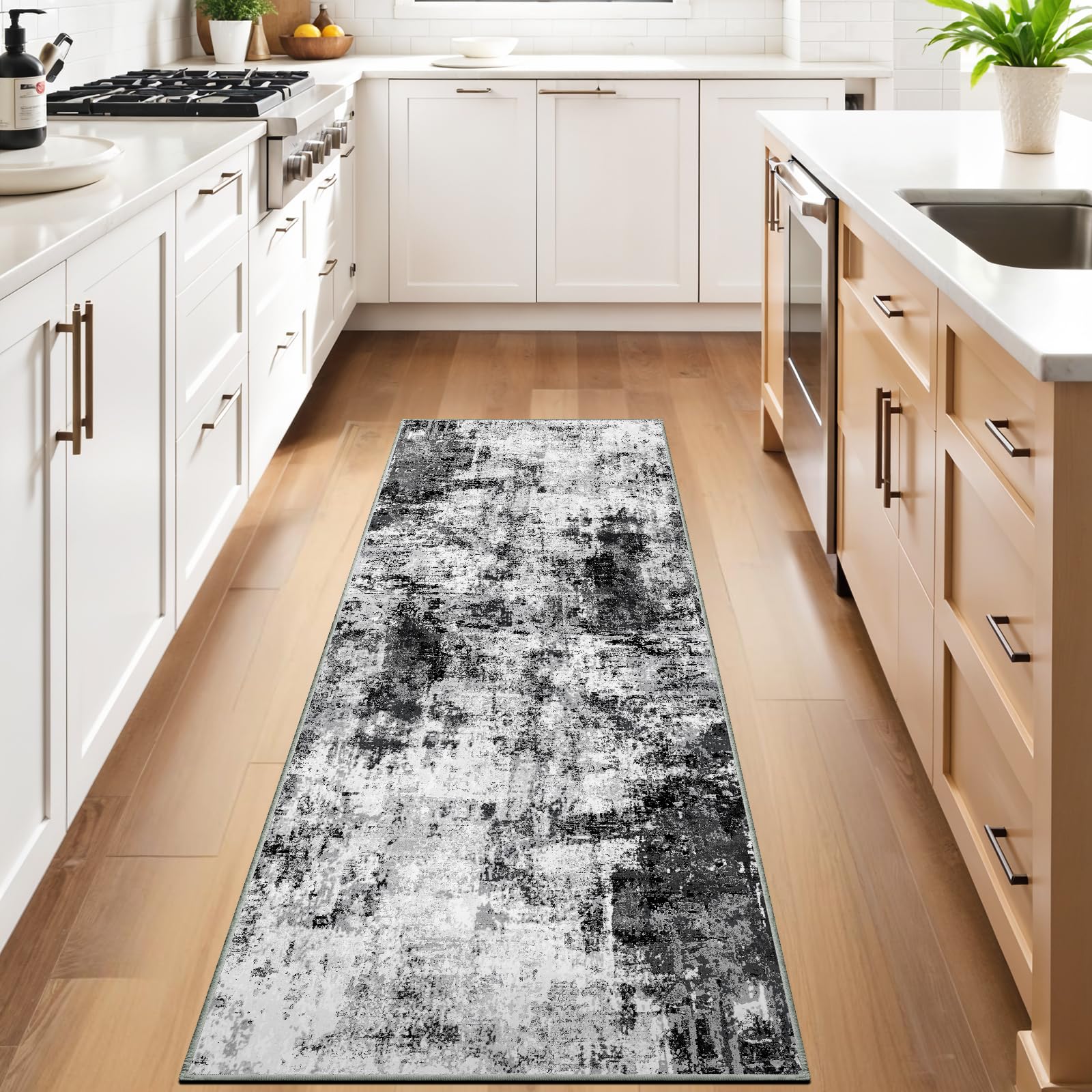 Photo 1 of 3x10 Washable Runner Rugs for Hallway: Easy-to-Clean Abstract Runners for Entryway Bedroom - Stain and Water Resistant Rugs with Non-Slip Backing - Soft Low-Pile Carpet Black Grey