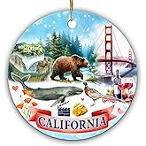 Sportyzen California State Ornament 2025 – Golden State Souvenir Christmas Tree Decoration Featuring Golden Gate Bridge, Yosemite, Bear, Whale, Wine – Ceramic Round Keepsake Gift