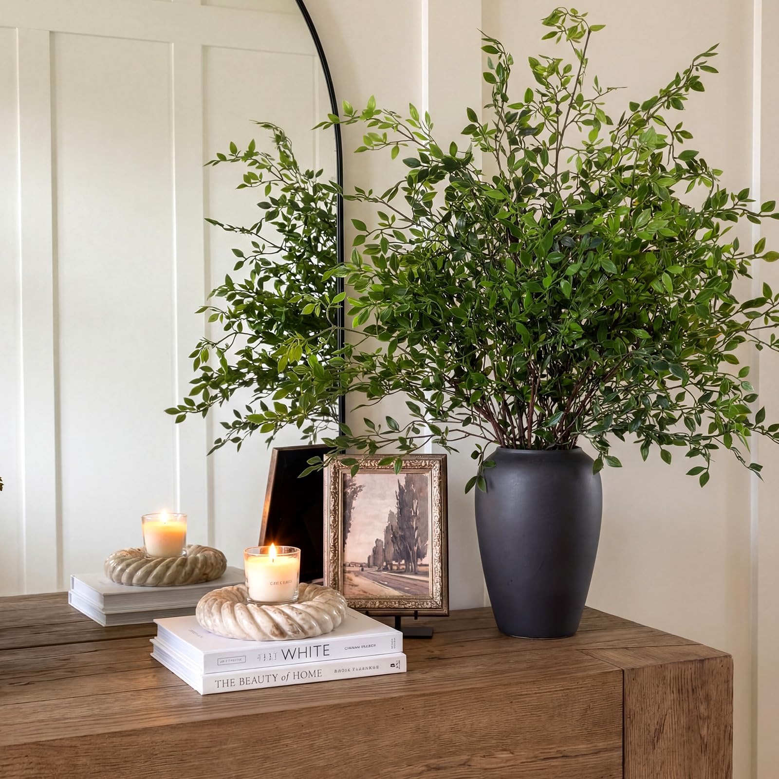 Photo 1 of Suncalla 6 Pcs Artificial Greenery Stems 40 Inches Tall Faux Nandina Branches Fake Greenery Plants Bamboo Leaves Stems for Vase Wedding Living Room Bedroom Home Office Shop Kitchen Garden Decor