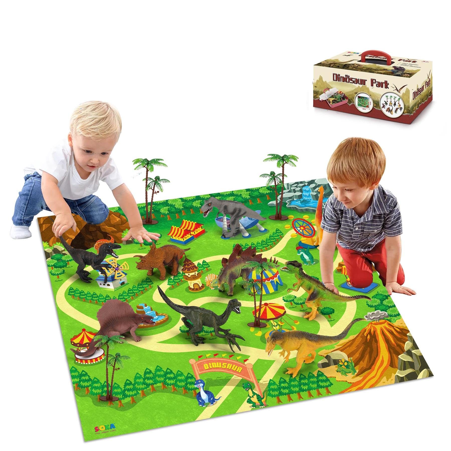 SOKA Dinosaur Toy Figure Set with Activity Play Mat Playmat & Trees For Kids Children - Realistic Dinosaur Toys Educational Playset for Boys & Girls Including T-Rex, Triceratops, Velociraptor
