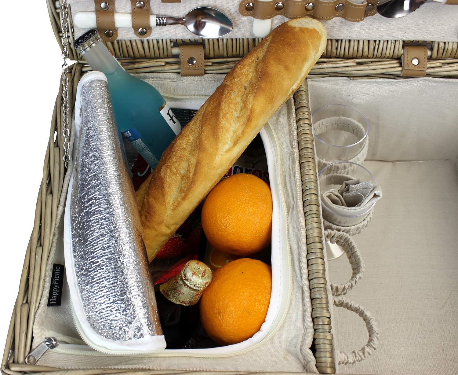 HappyPicnic 4 Persons Somerset Willow Picnic Basket, Wicker Hamper Set with Insulated Cooler Compartment(Grey Color) - Image 5