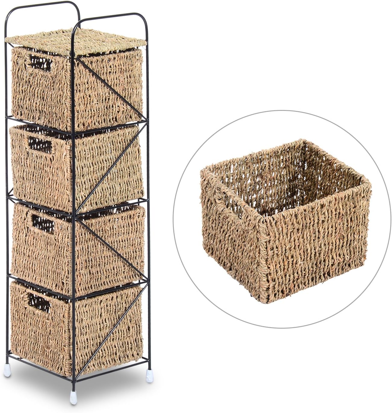 Homcom Standing Storage Unit With 4 Woven Rattan Basket Drawer