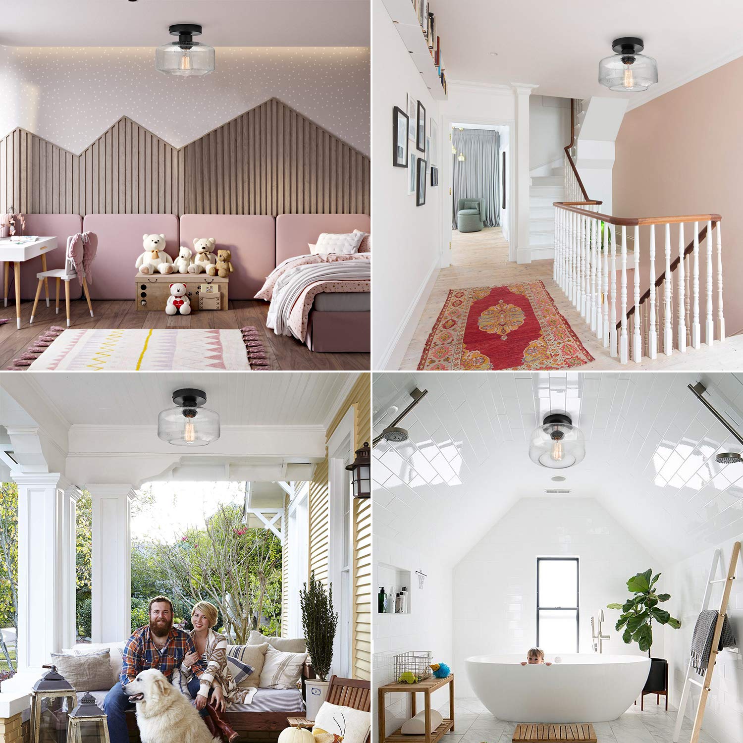 SunRider Industrial Semi-Flush Mount Ceiling Light Fixture, Modern Seeded Glass Pendant Lamp, Black Farmhouse Hanging Lighting for Bedroom Hallway