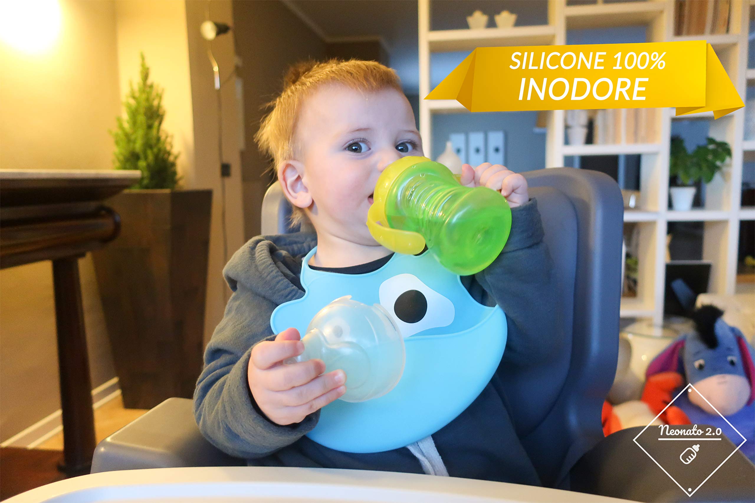 Bavaglini Neonato in Silicone Morbido con Tasca Raccogli Briciole e Pappa - Bavaglini Impermeabili per Asilo, Lavabili ed Inodori - Set 2 Bavette Neonato 2.0 Per Bambino e Bambina (Verde/Azzurro)