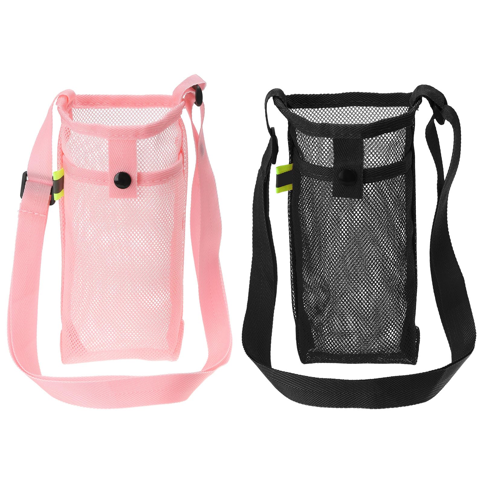 PATIKIL 22mmx13mm Water Bottle Bag, 2 Pack Mesh Portable Bottle Holder Carrier Adjustable Shoulder Strap for Sports Hiking Camping, Black Pink