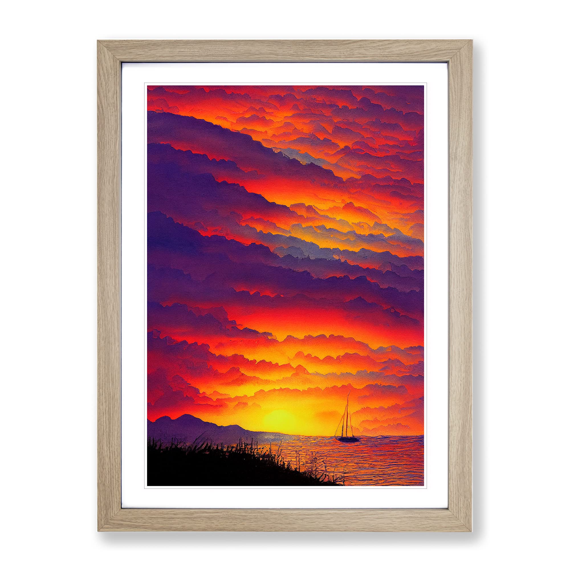 Sacred Ocean Sunset Framed Print | A4 Oak Framed Wall Art | Ready to Hang | Modern Nautical Picture | Living Room Bedroom Lounge Office
