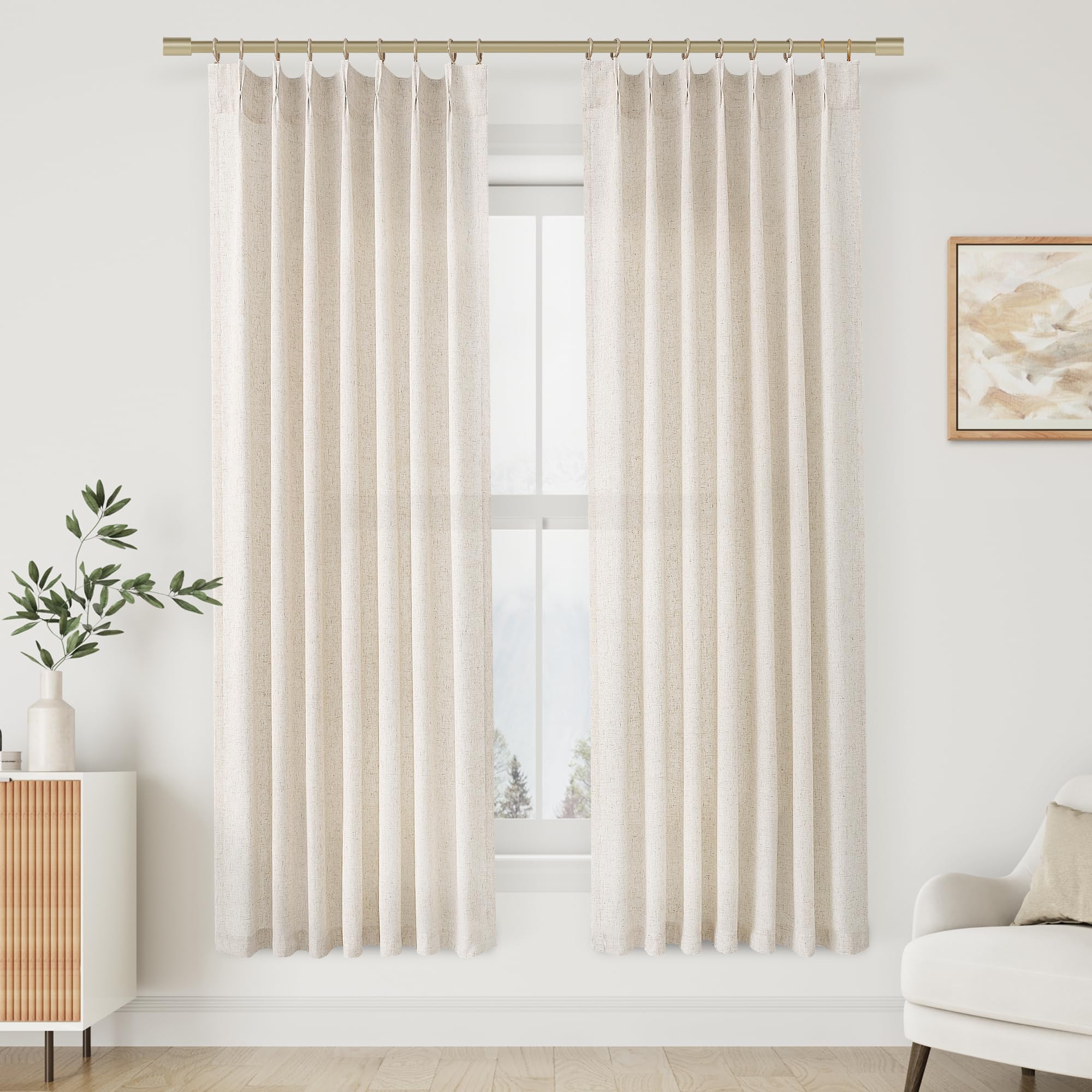 Photo 1 of Cream Beige Linen Curtains 72 Inches Long 2 Panels Set for Living Room Bedroom Pinch Pleated Back Tab Drapes Neutral Modern Farmhouse Decor Semi Sheer 72 Inch Curtains for Dining Room Window Cabin
