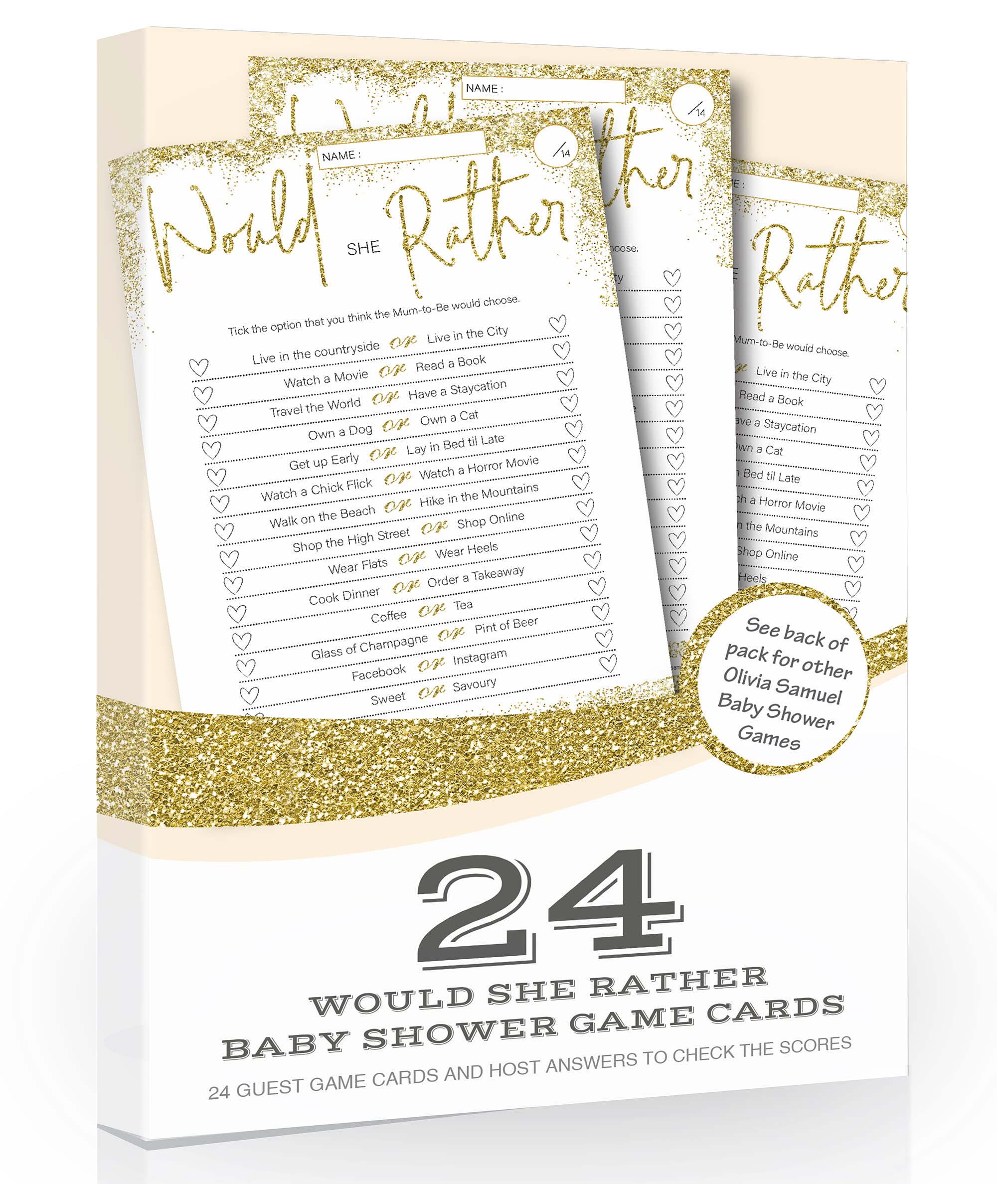 Olivia Samuel 24 x Would She Rather Baby Shower Game from (Gold Glitter Effect)