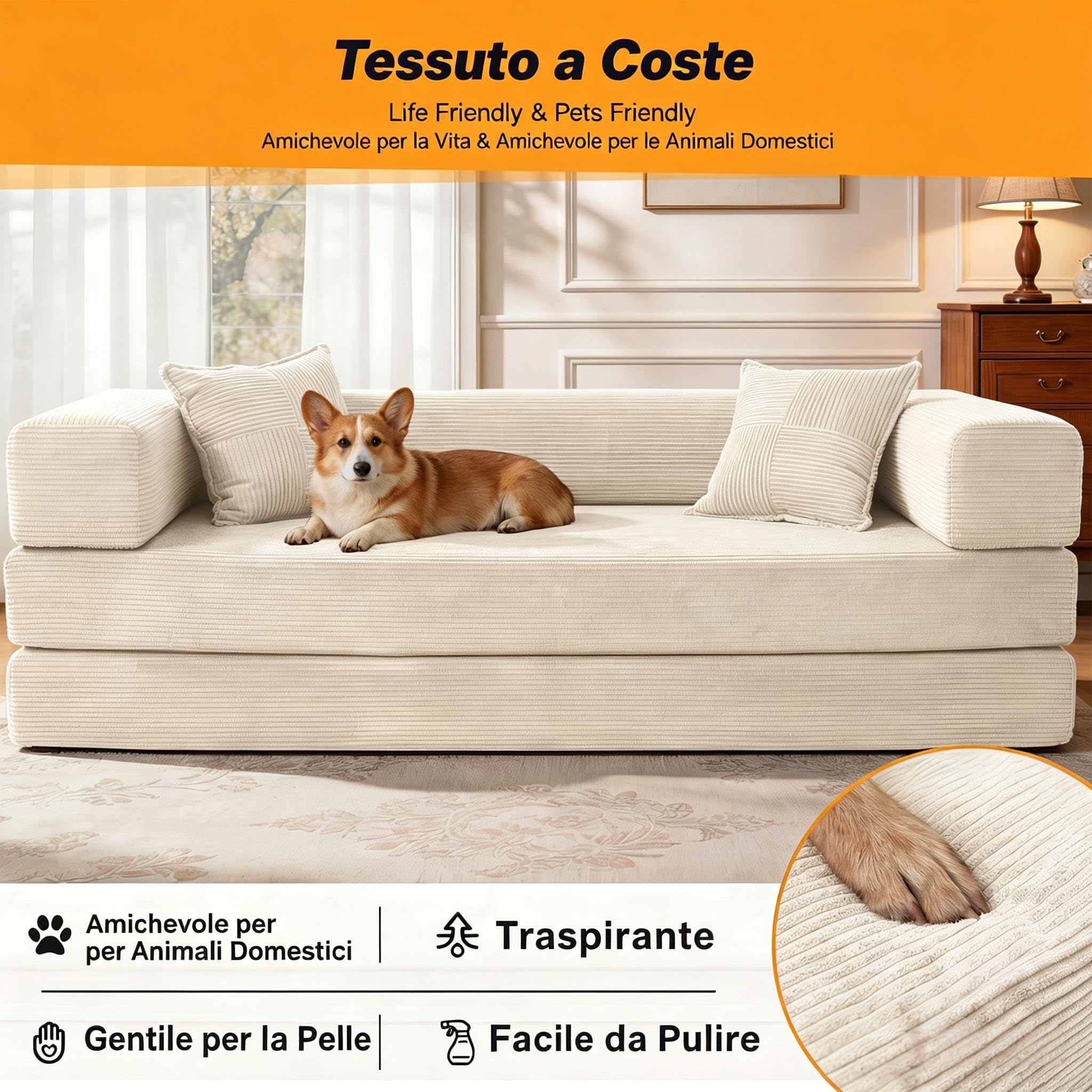 Divano letto disossato, in velluto a coste di alta qualità, 200 cm, divano pieghevole 5 in 1 a 3 posti, con 2 cuscini in schiuma, per soggiorno, bianco