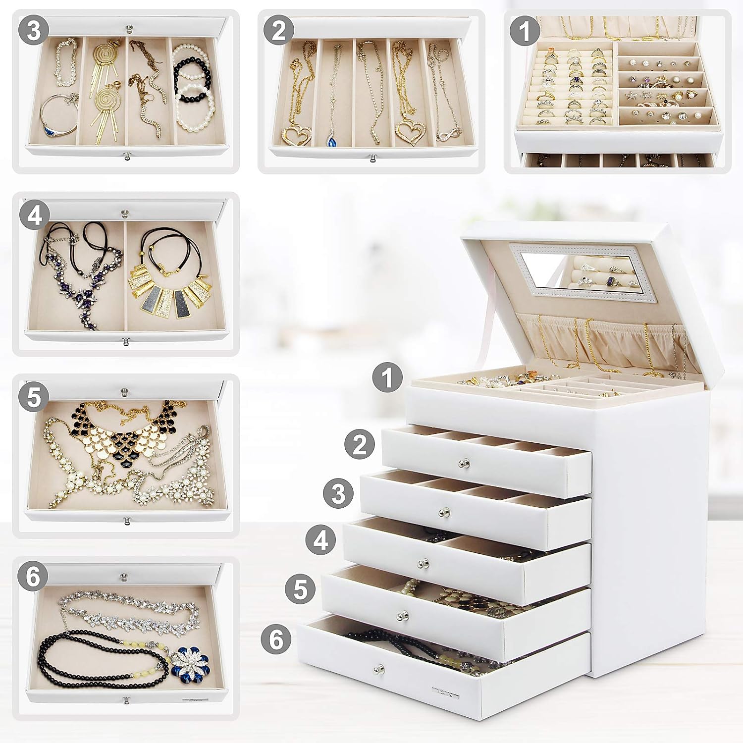 Seelux Jewellery Box, Large Storage Organizer Boxes, with 5 drawers and mirror, Bracelets, Earrings, Rings - Image 4