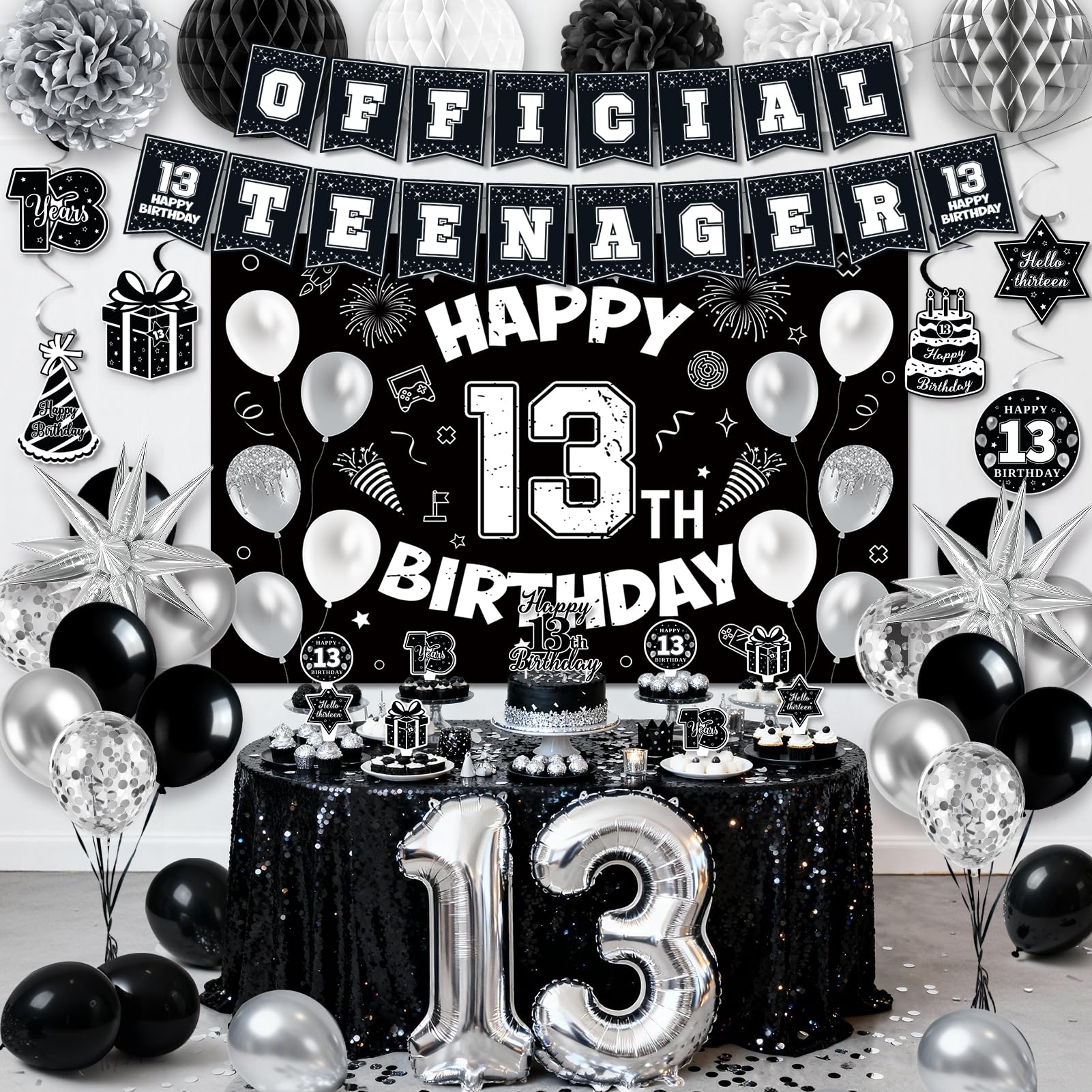 Photo 1 of 13th Birthday Decorations for Boys, 45Pcs Black White Official Teenager Decorations Include Happy 13th Birthday Backdrop Hanging Swirls 32inch 13 Foil Balloons for Boy Girl Birthday Decor ?