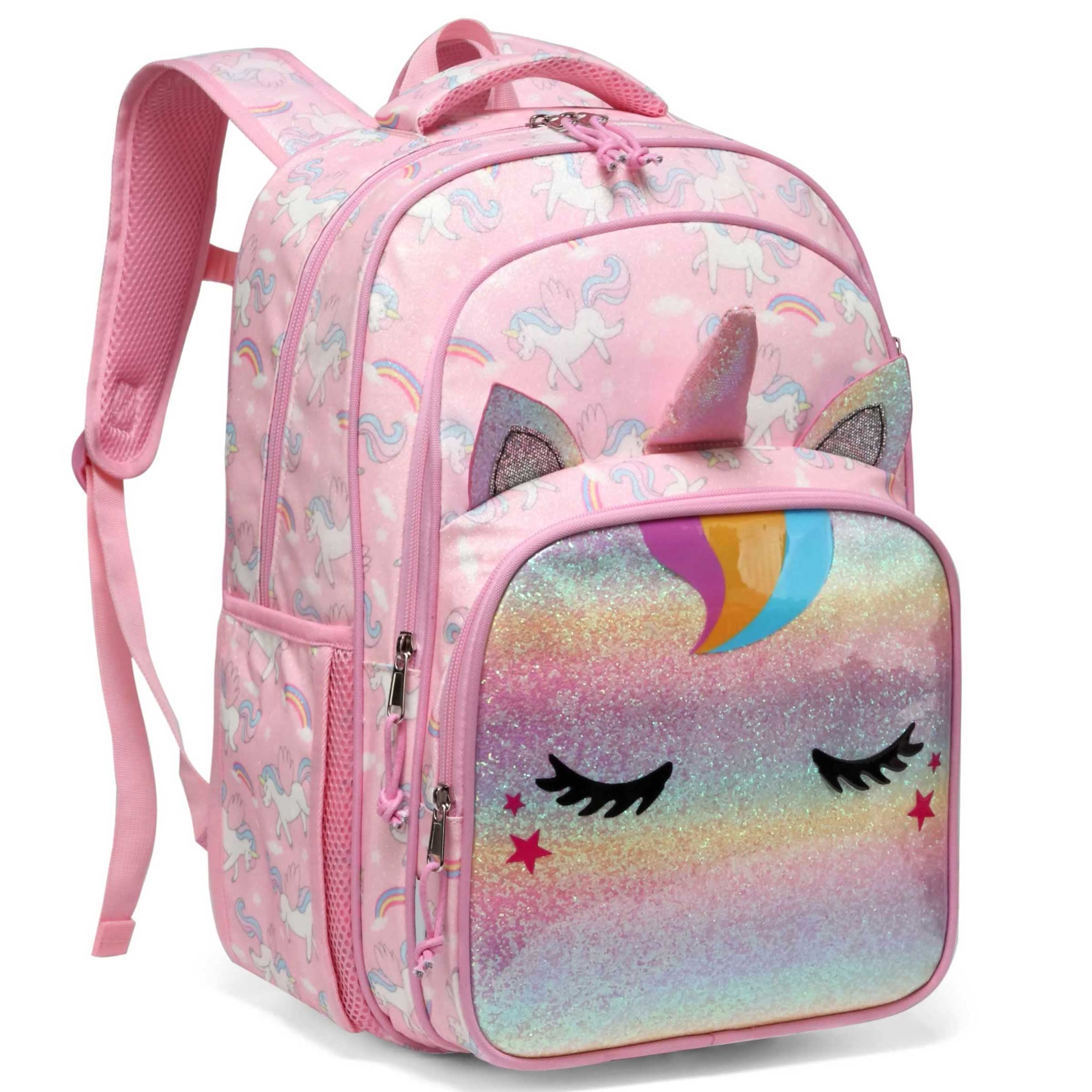VASCHY Large School Bag for Girls, 16inch Multi-compartment Kids Backpack Lightweight Children's Rucksack with Reflective Chest Strap for Middle Primary Elementary School(Rainbow Unicorn)