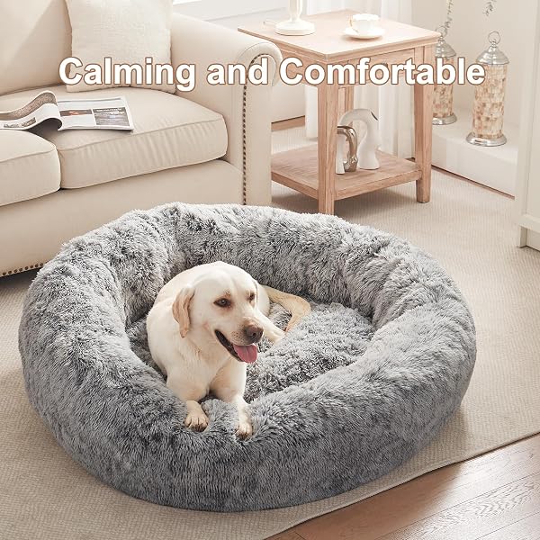 BEDSTILL 45 INCHES DONUT DOG BED FOR EXTRA LARGE DOGS,CALMING FLUFFY ROUND JUMBO PET BED WITH REMOVABLE & WASHABLE COVER, FITS UP TO 120 LBS PETS (DARK GREY,XL)