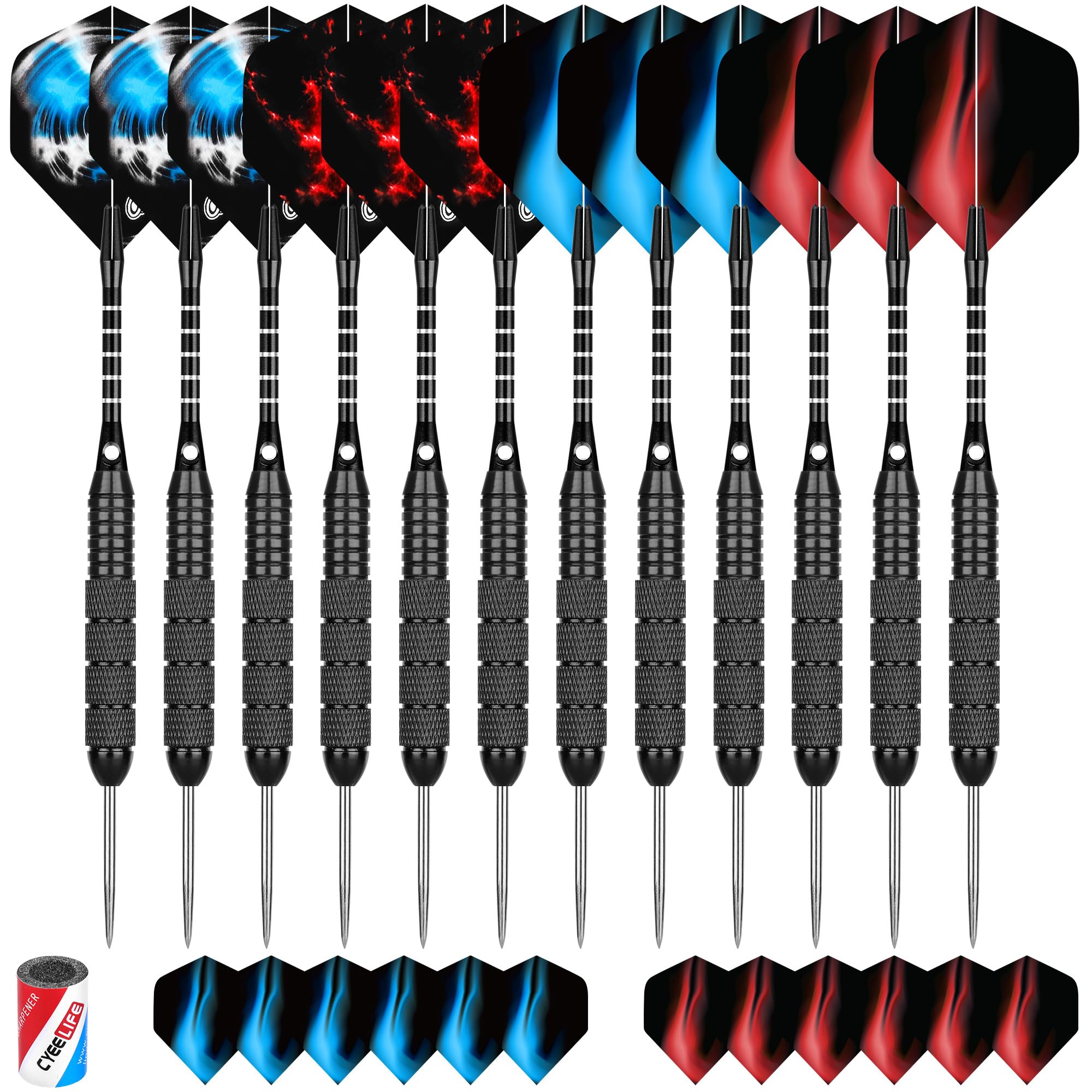 CyeeLife 12 Pack Steel Tip Darts, Professional Metal Dart Set with 12 Premium Aluminum Shafts and 4 Style PET Flights and Sharpener,22 Grams (Black)