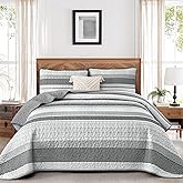 Djoymock King Size Quilt Set Grey 3 Piece Summer Striped Patchwork Bedding Set Soft Lightweight Bedspread Coverlet Set with 2 Pillow Shams Microfiber Comforter Set for All Seasons 110" × 90"