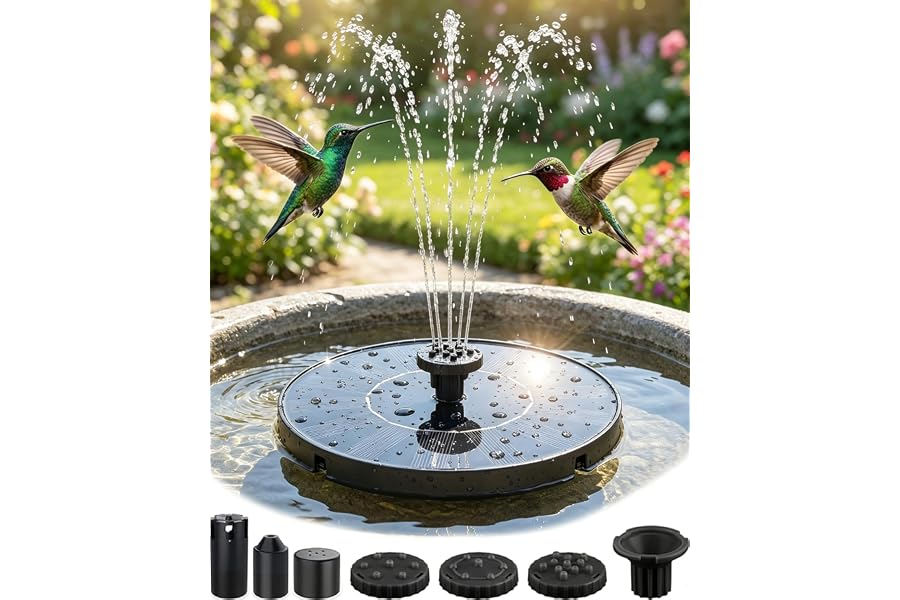 Maraiss Solar Fountain for Bird Bath, 2026 Upgrade 1.4W Solar Power Water Fountain Pump with 7 Nozzles, Free Standing Floating Powered Fountains for Garden, Pond, Pool, Birdbath (6.3 inch)