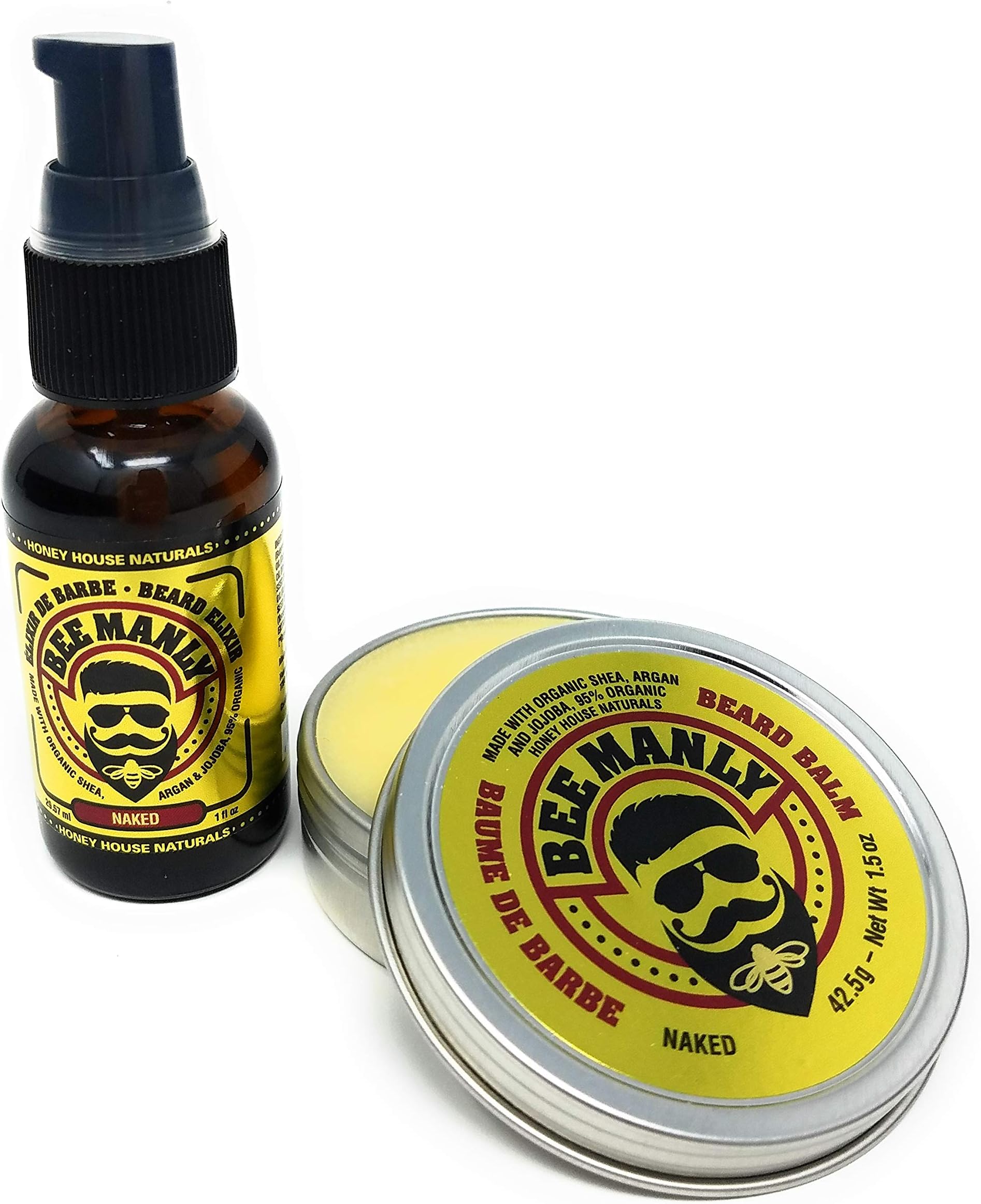 Honey House Naturals Bee Manly Duo – 1 ounce Beard Elixir & 1.5 ounce Beard Balm – Naked