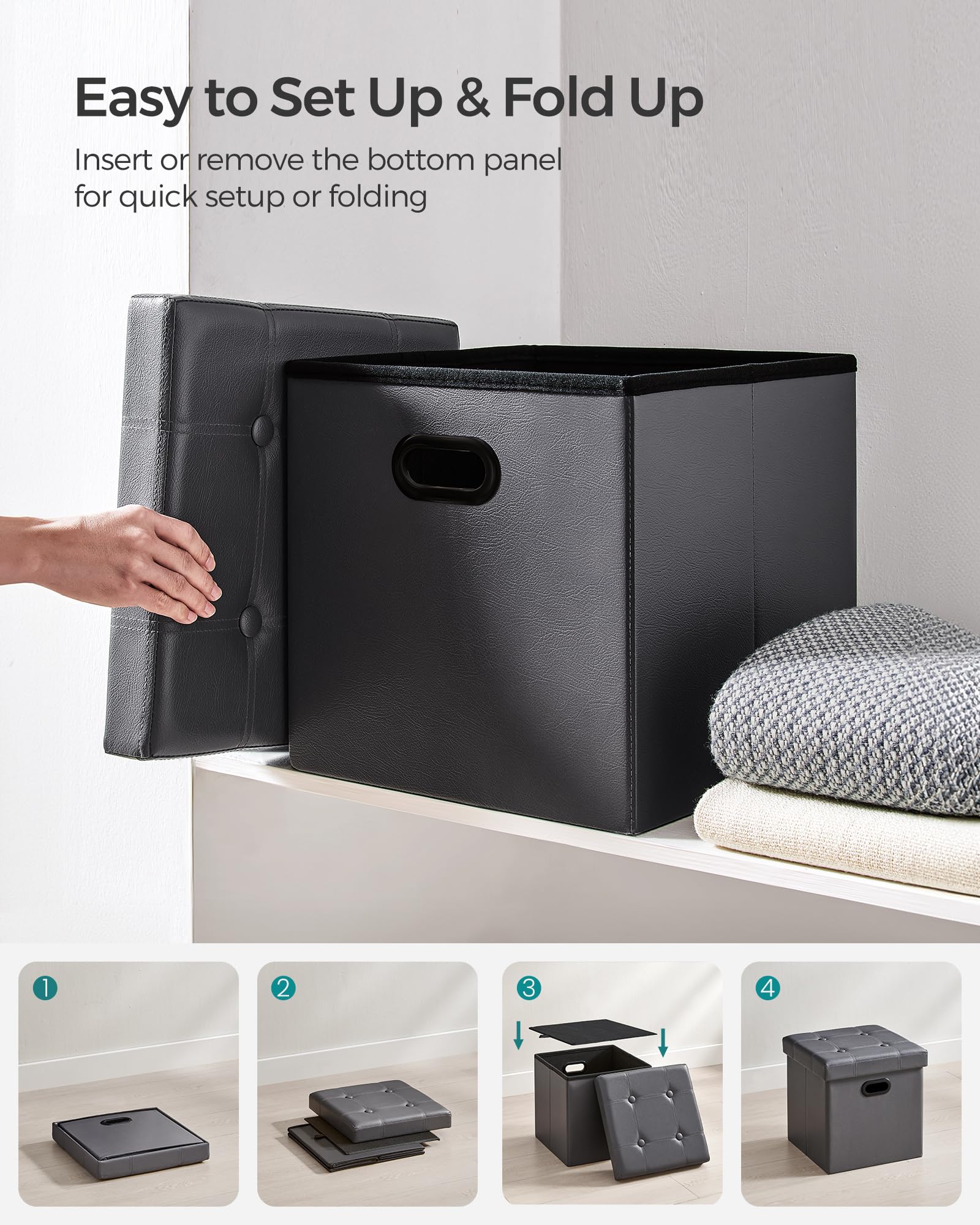 SONGMICS Mazie Collection - 15 Inches Ottoman with Storage, Footstool, Storage Ottoman with Metal Grommet Handles, Load 660 lb, for Dorm, Living Room, Bedroom, Synthetic Leather, Dark Gray ULSF030G01 - Image 6