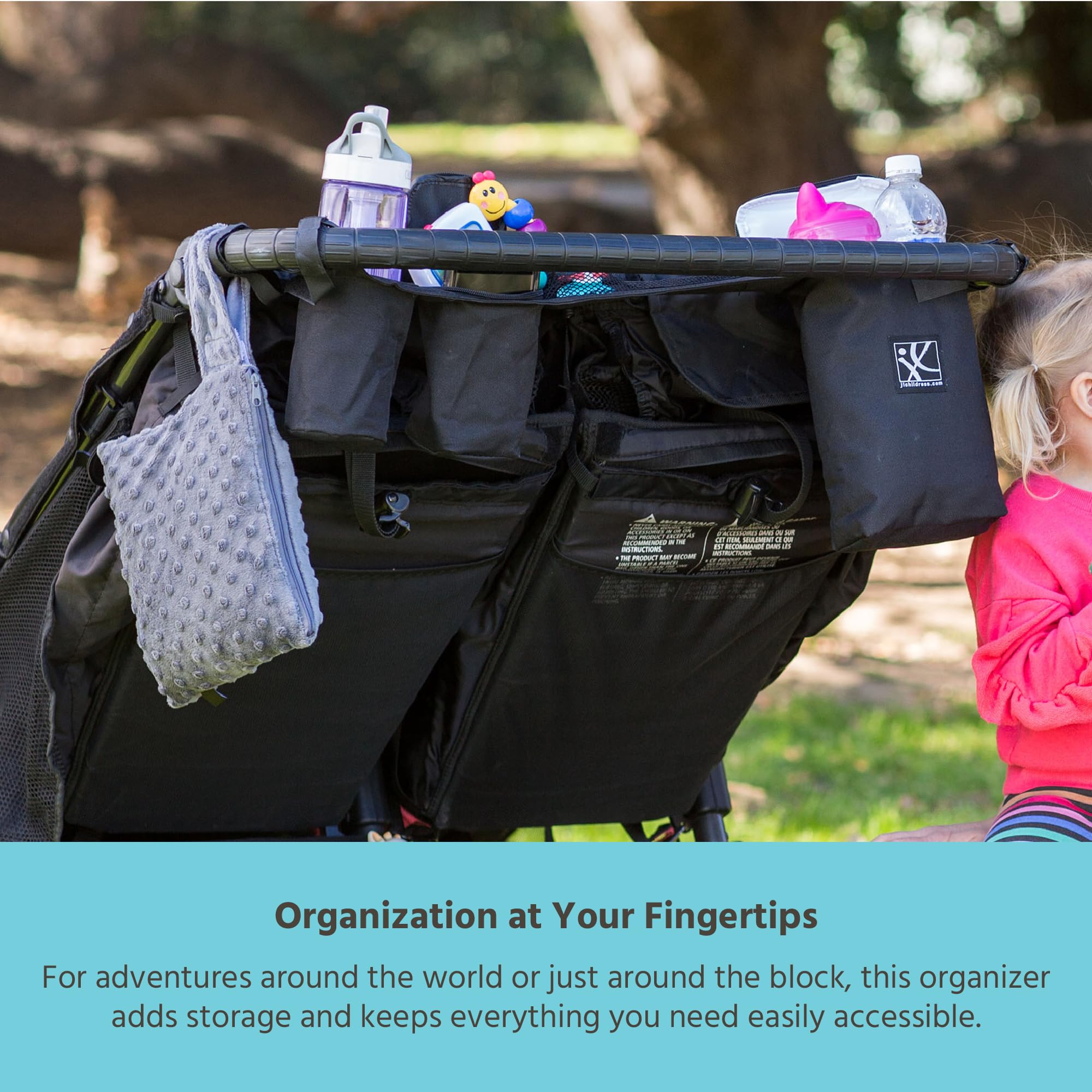J.L. Childress DoubleCOOL Double Stroller Organizer - Stroller Accessory with Cooler and Storage - Includes Cup Holder, Cell Phone Pocket and Zippered Compartments - Black