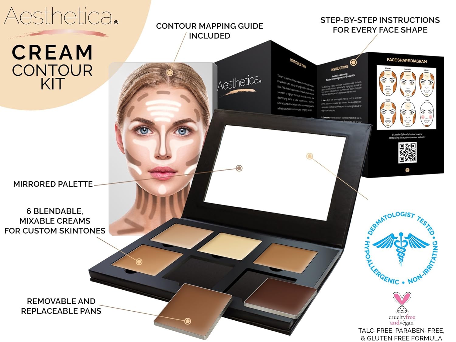 Aesthetica Cosmetics Cream Contour and Highlighting Makeup Kit - Contouring Foundation/Concealer Palette - Vegan, Cruelty Free & Hypoallergenic - Step-by-Step Instructions Included : Beauty