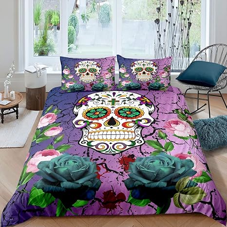 Amazon Com Sugar Skull Comforter Cover Queen Size Women Girl Blue Purple Tie Dye Gothic Skull Decor Bedding Set Skull Bones Skeleton Weed Roses Floral Print Duvet Cover Decor Soft Quilt Cover Zipper
