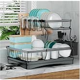 7 code 2-Tier Large Dish Drying Rack for Kitchen Counter, Black | Detachable Large Capacity Dish Drainer Organizer with Auto Drain, Anti-Rust Dish Rack with Cup &amp; Utensil Holders
