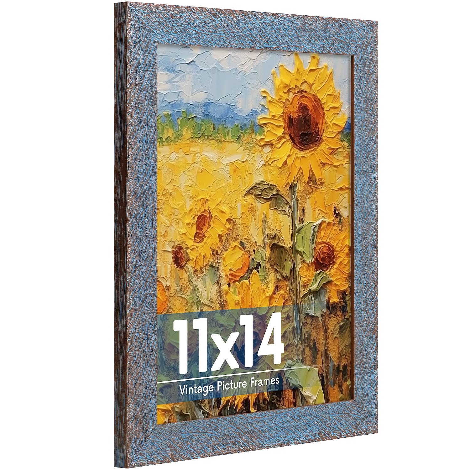 Photo 1 of Anozie 11x14 Picture Frame, Vintage Picture Frames 11x14 Plexiglass Glass for Wall Display, Rustic 11 x 14 Photo Picture Frame Antique Blue, Widen Border