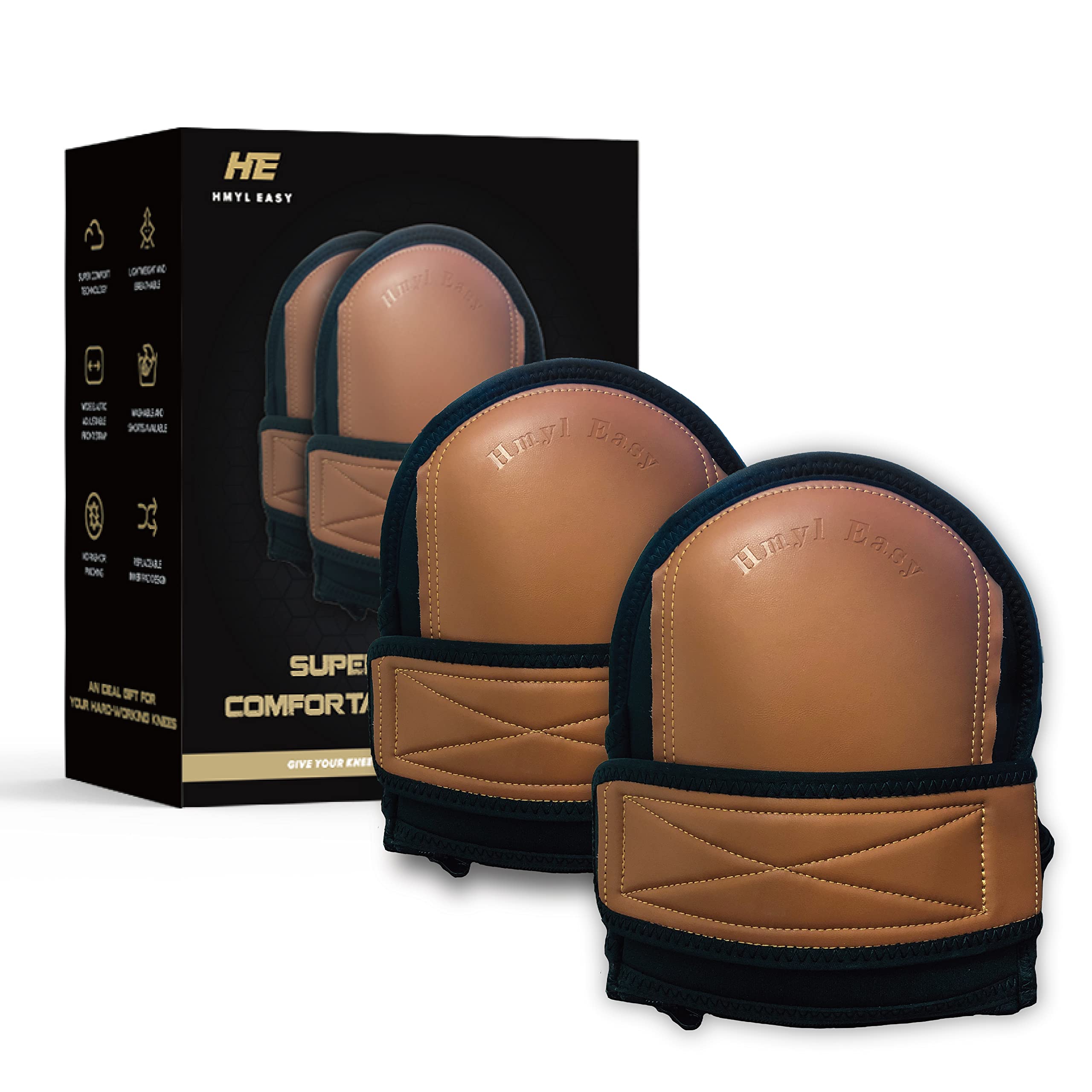 Photo 1 of Hmyl Easy Super Soft Leather Knee Pads for Work with Wide Single Non-Slip Strap, Shorts Available, Replaceable Inner Cushion Knee Pads for Construction, Garden, Clean, Floor and Garage