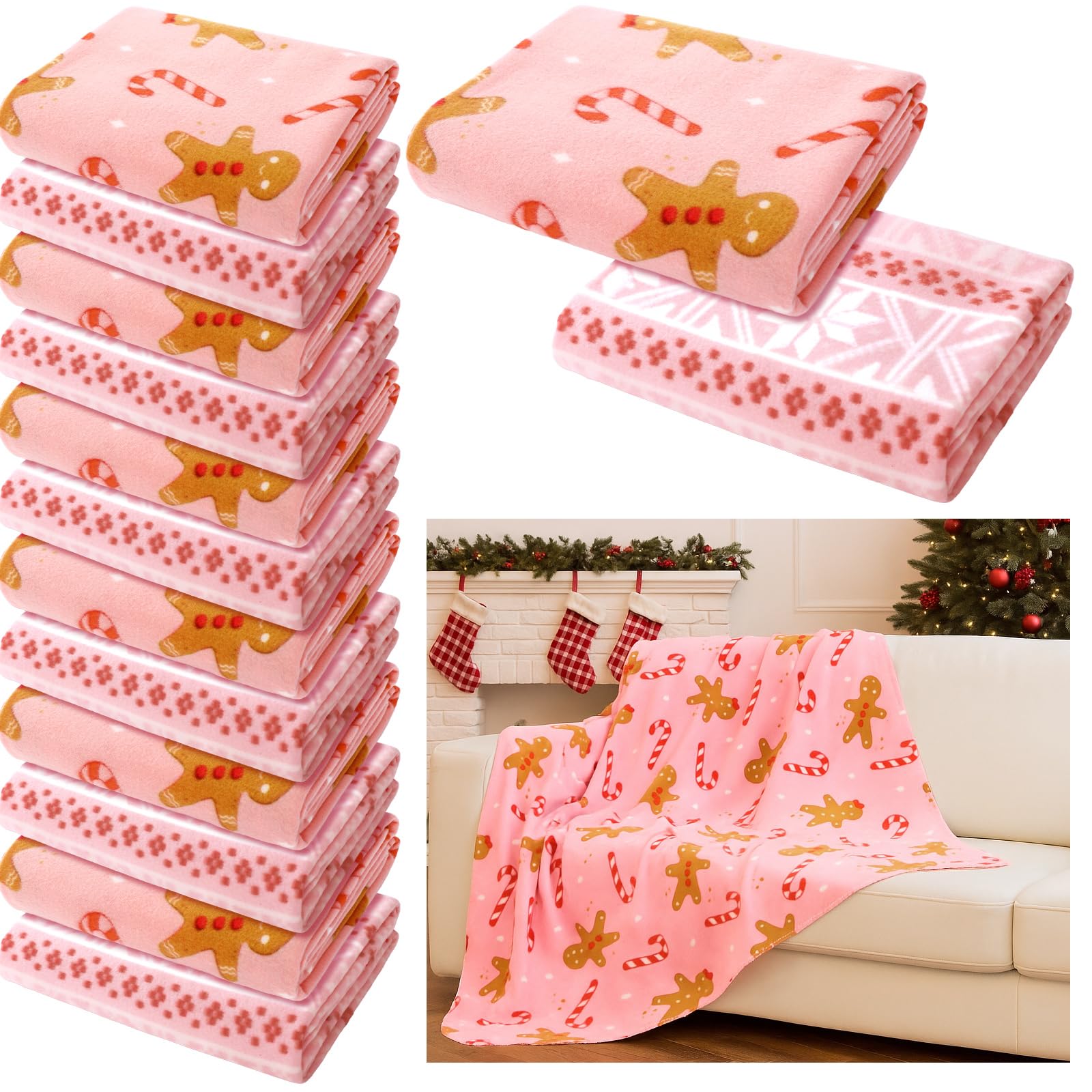 Photo 1 of 12 Pcs 50 x 60 Inch Christmas Gingerbread Man Throw Blankets Pink Gingerbread Fleece Throw Blankets Bulk Xmas Winter Holiday Soft Fleece Blanket Cozy for Home Bedding Couch Airplane Homeless Gift