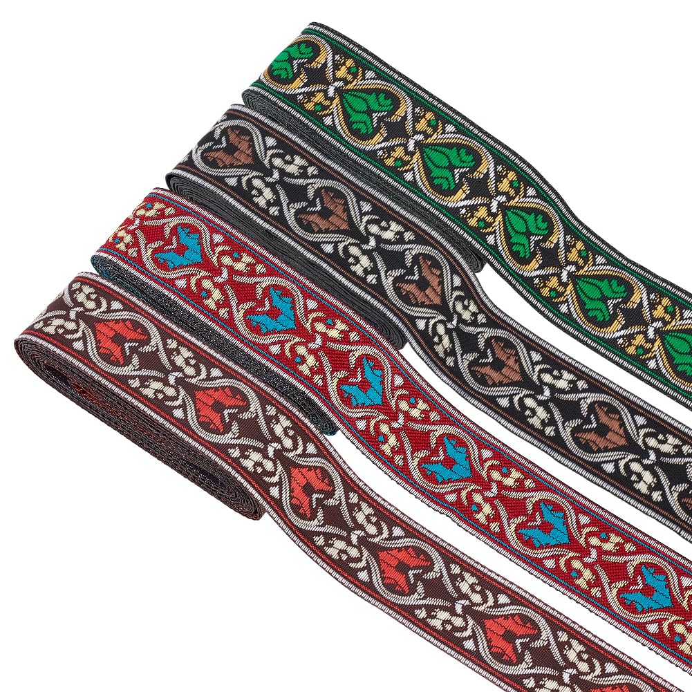 FINGERINSPIRE 4 Rolls 14m Embroidery Jacquard Trim 33mm Green Coconut Brown Black FireBrick Vintage Jacquard Ribbon Trim Ethnic Style Heart Pattern Fabric for DIY Craft Sewing Accessories