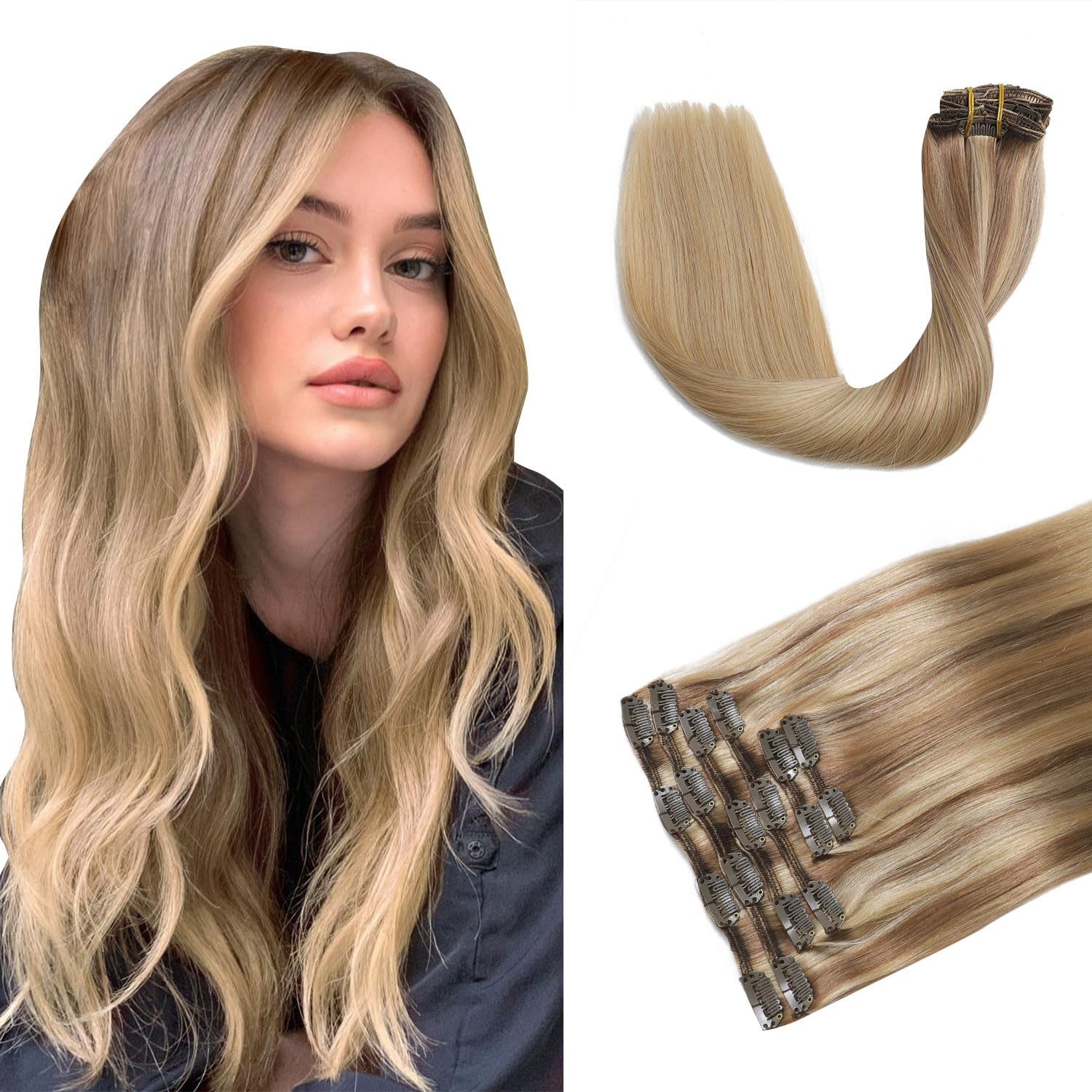 XDhair Clip in Hair Extensions Real Human Hair 120g 18 Inch 6pcs Double Weft Clip in Human Hair Extensions Balayage Golden Brown to Dark Blonde #10/27/27 18inch