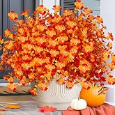 ICX 12Pcs Artificial Fall Flowers Fake Mums for Outdoors Decoration | Faux Silk Daisy Flowers Autumn Plants UV Resistant Look Real for Porch Planter Garden Patio Thanksgiving Fall Decor-Red